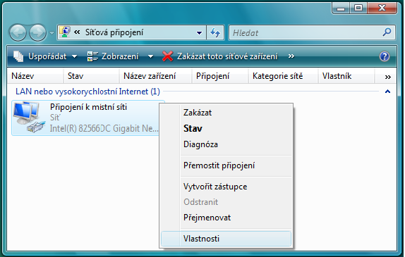 Připojení k místní síti - Vlastnosti