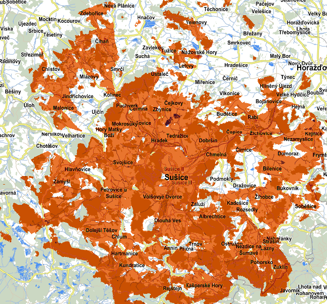 Připojení k internetu - mapa pokrytí